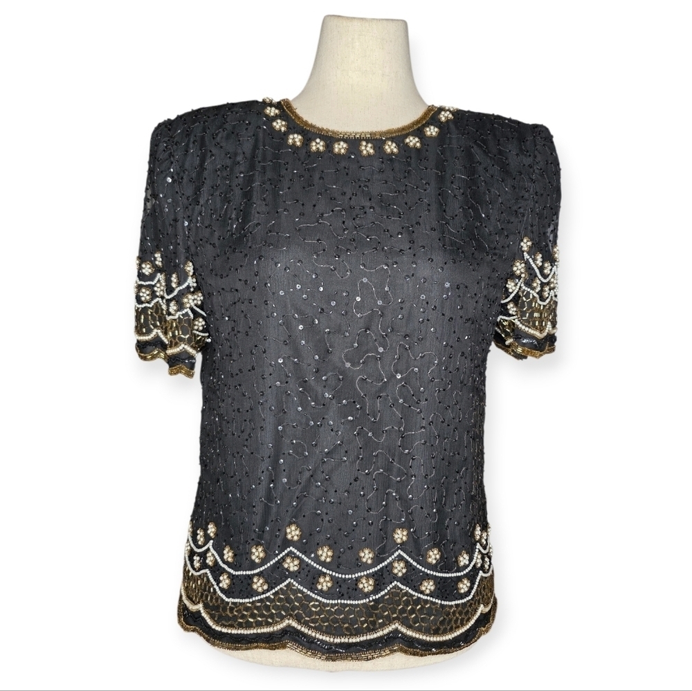 Vintage Laurence Kazar Black Silk Beaded Sequin Top L Evening